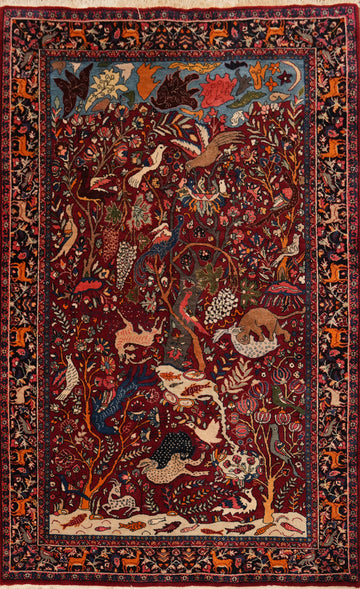 Vegetable Dye Animals Design Kashan Persian Rug 5x7