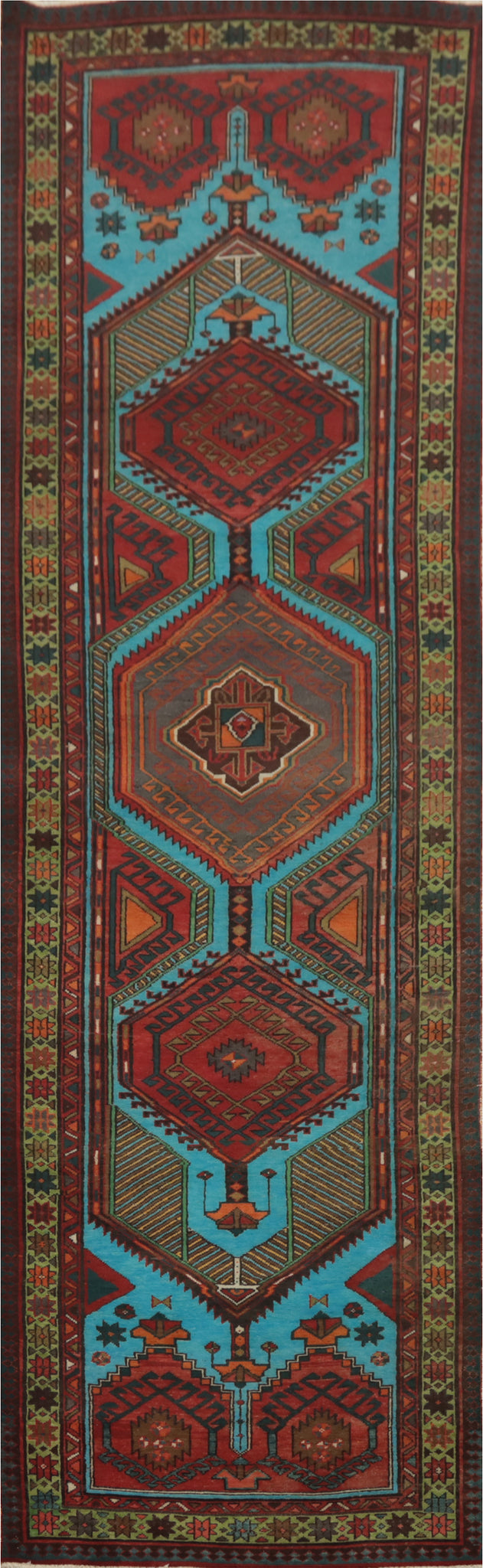 Vintage Blue Ardebil Persian Runner Rug 4x14