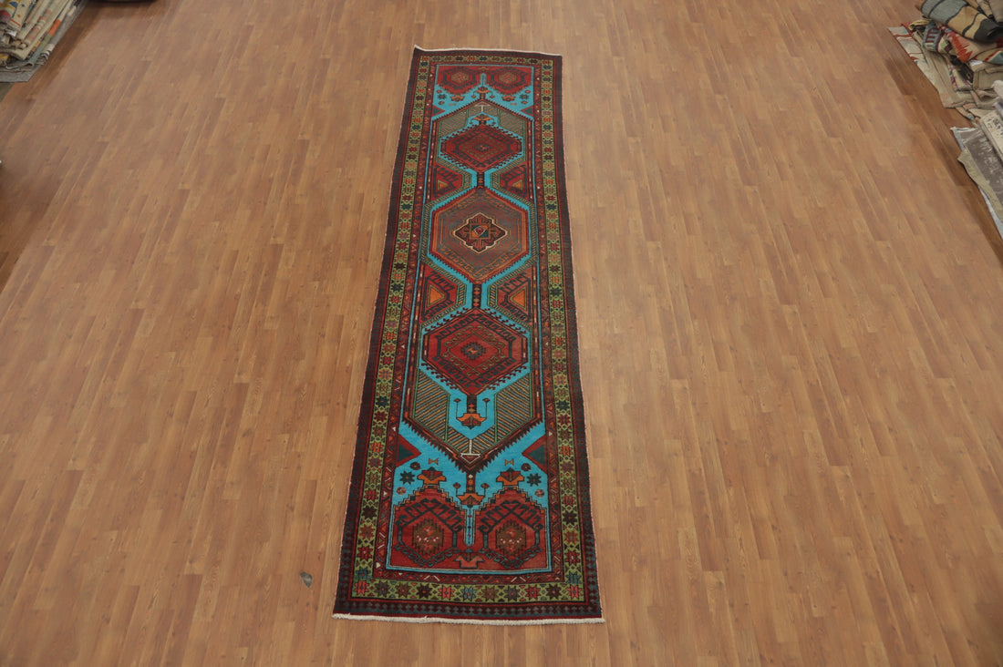 Vintage Blue Ardebil Persian Runner Rug 4x14