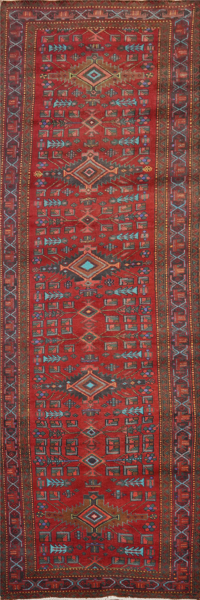 Red Geometric Heriz Persian Runner Rug 4x13