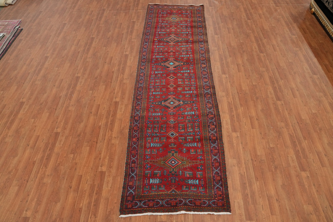 Red Geometric Heriz Persian Runner Rug 4x13