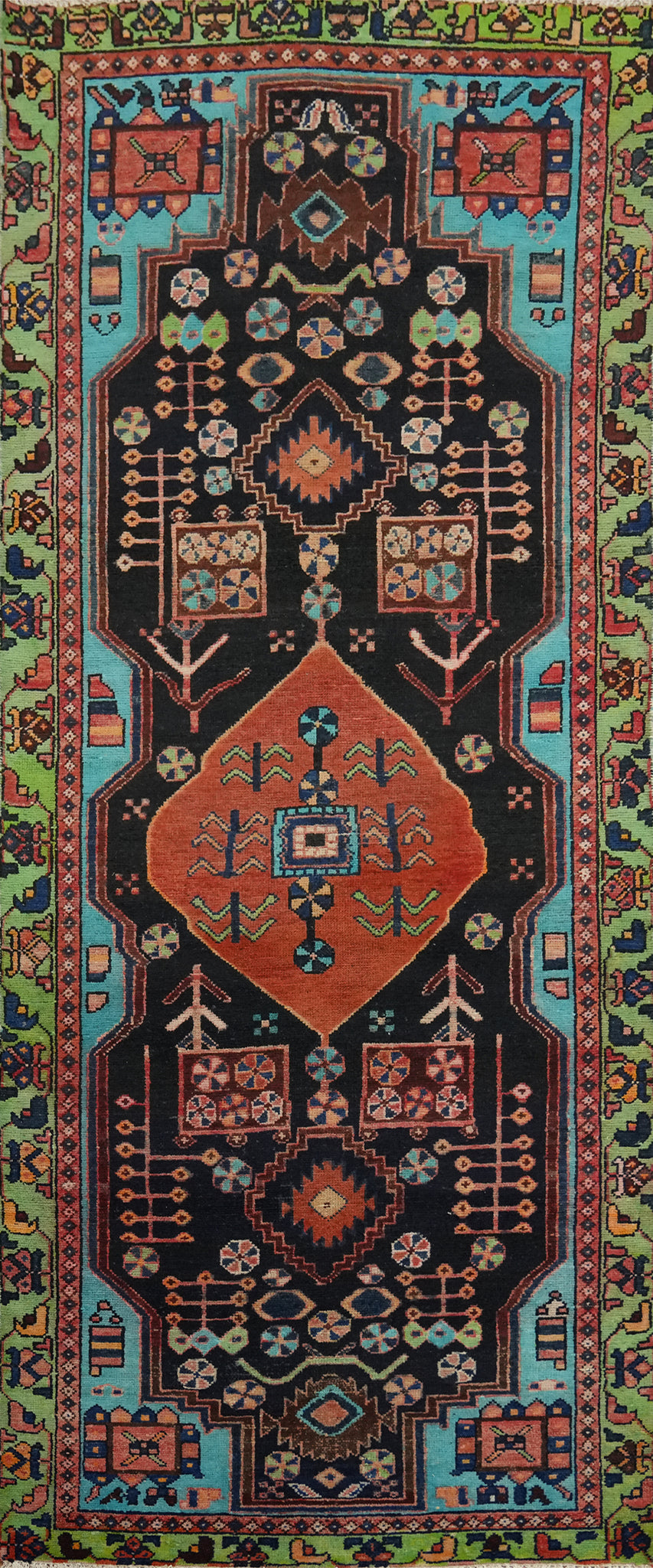 Black Geometric Hamedan Persian Runner Rug 3x9