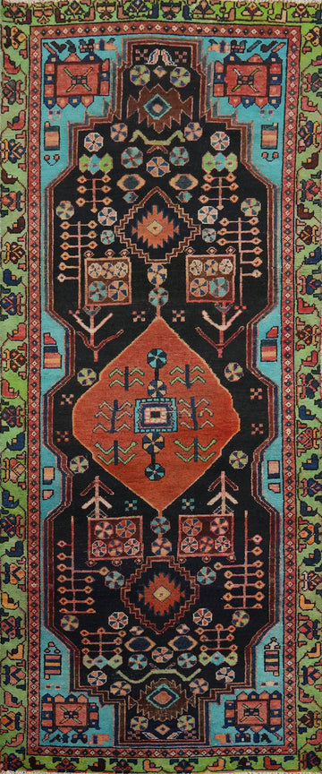 Black Geometric Hamedan Persian Runner Rug 3x9