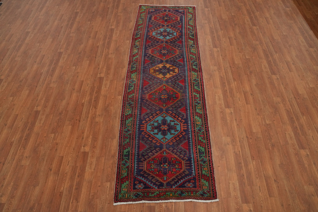 Blue Geometric Ardebil Persian Runner Rug 3x10