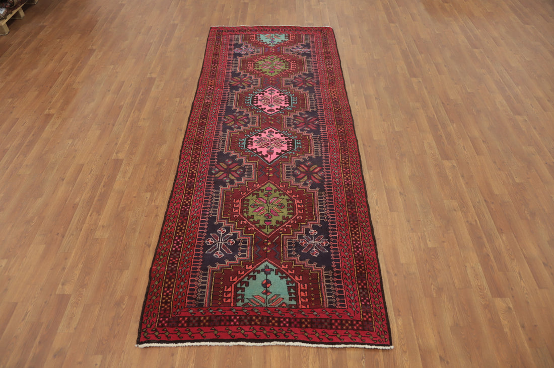 Vintage Geometric Gharajeh Persian Runner Rug 4x10