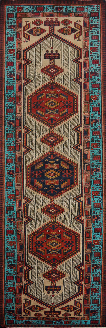 Tribal Wool Geometric Ardebil Persian Runner Rug 3x12
