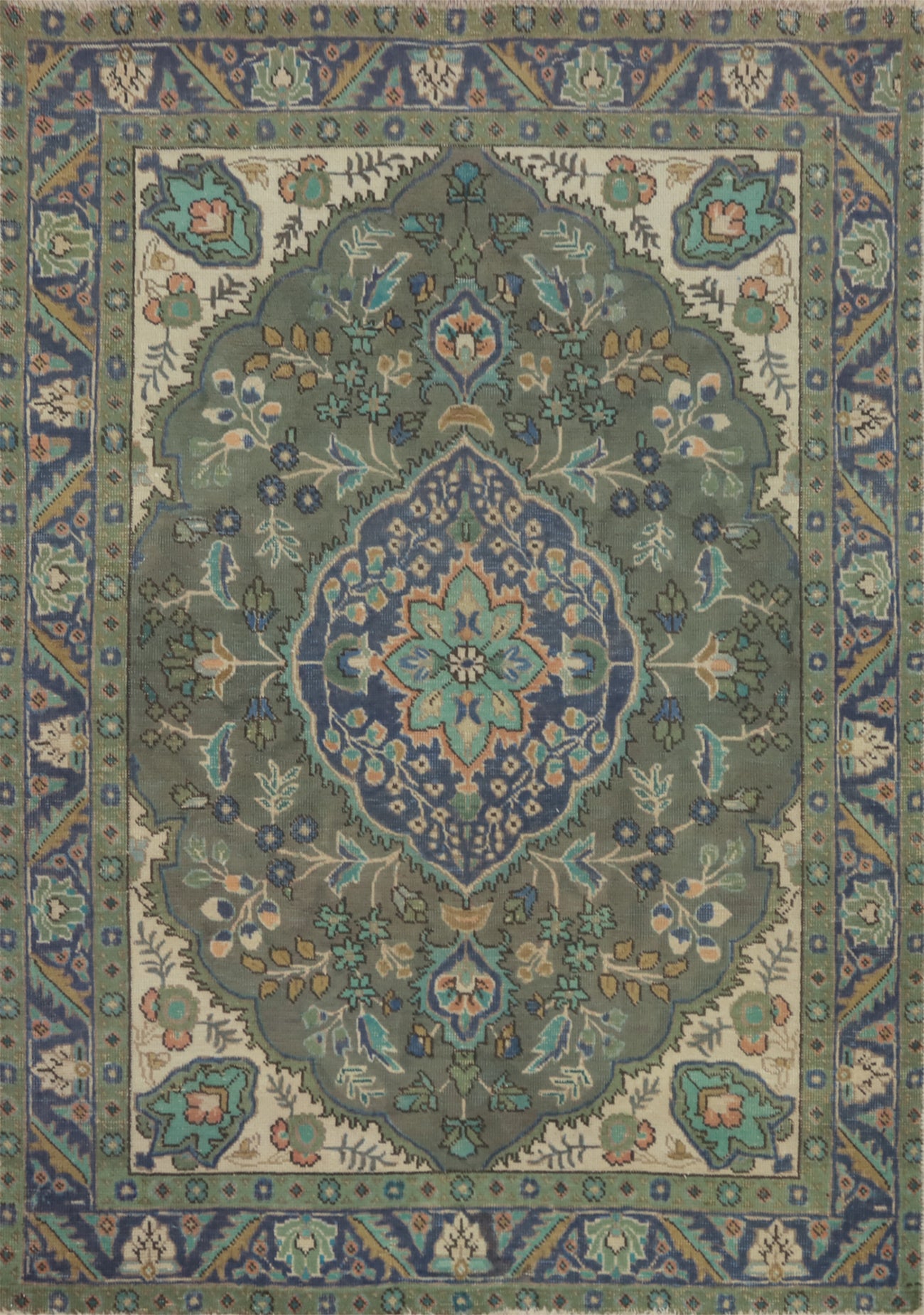 Handmade Green Floral Tabriz Persian Rug 5x6