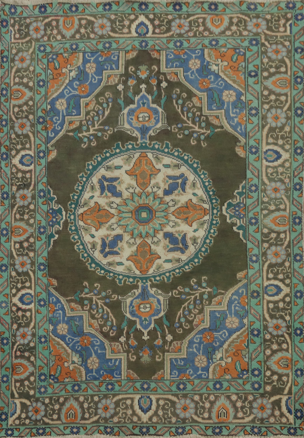 Green Wool Geometric Tabriz Persian Rug 5x6