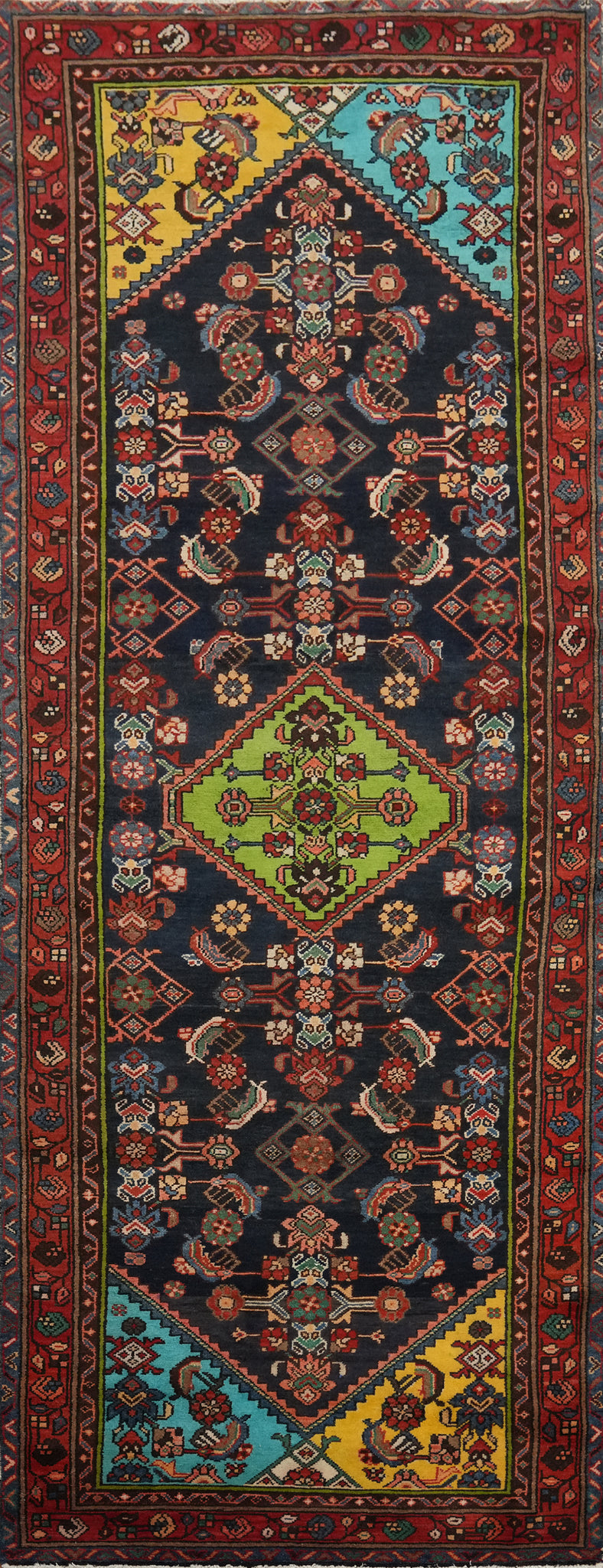 Vintage Geometric Hamedan Persian Runner Rug 4x10