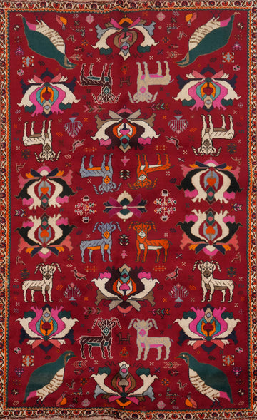 Animals Red Wool Shiraz Persian Rug 4x7