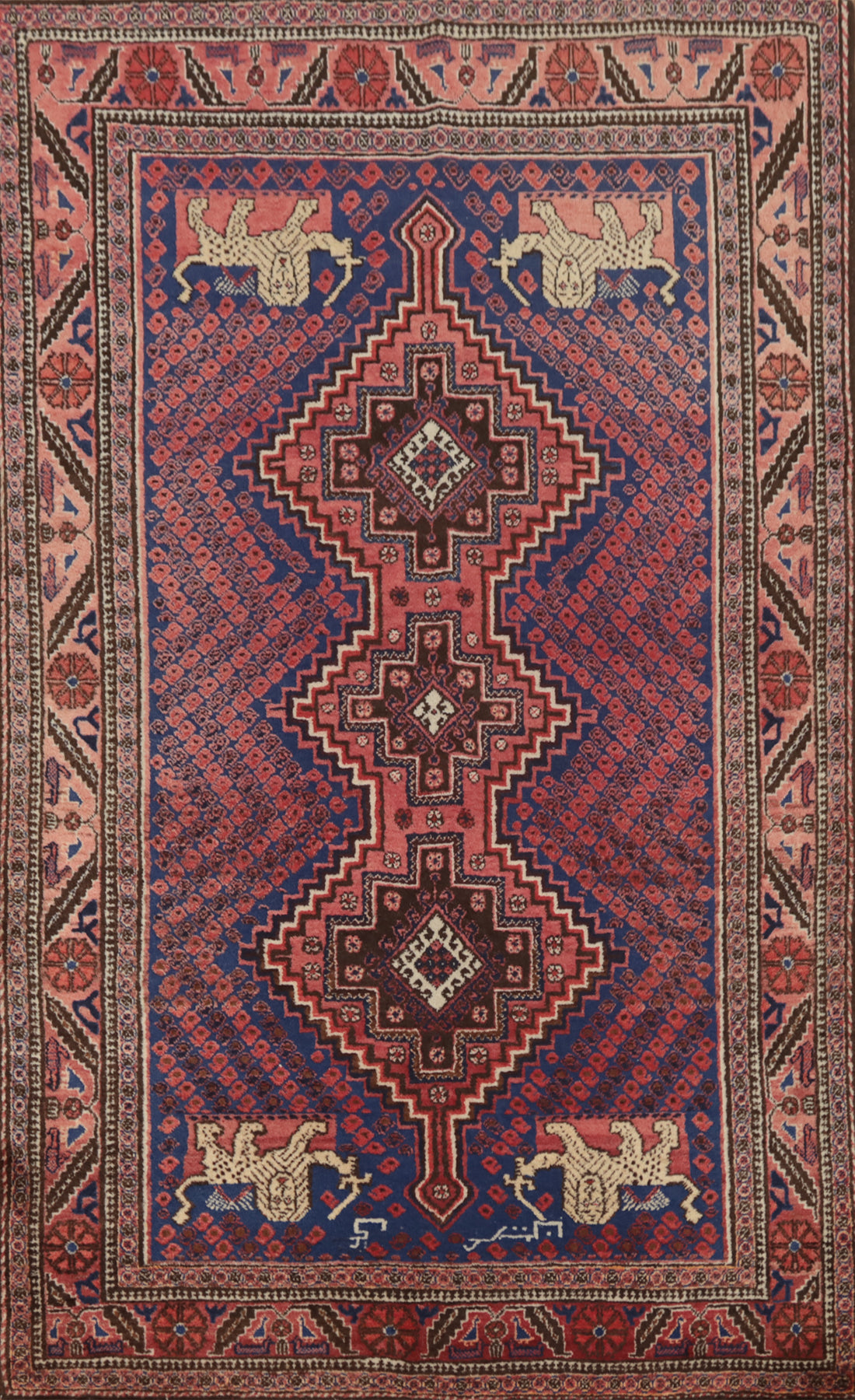 Vegetable Dye Blue Animals Hamedan Persian Rug 4x6