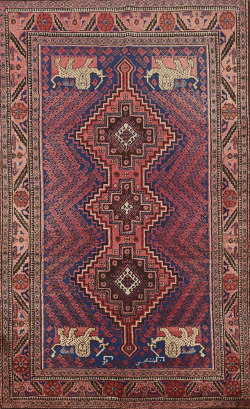 Vegetable Dye Blue Animals Hamedan Persian Rug 4x6