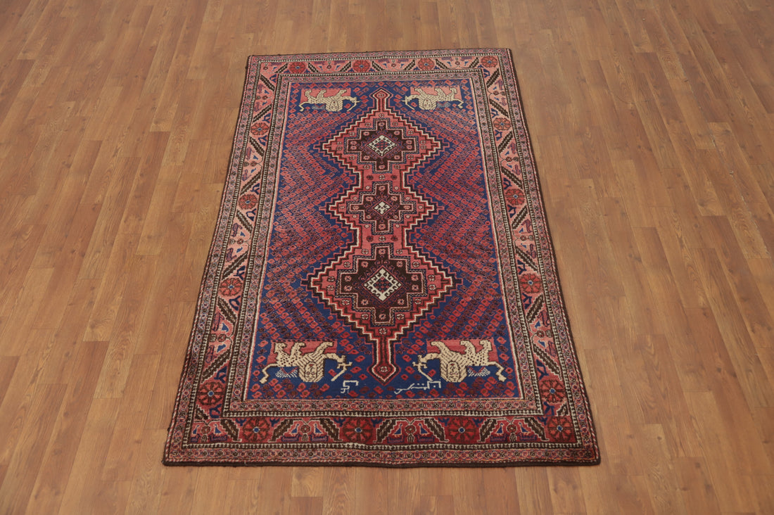Vegetable Dye Blue Animals Hamedan Persian Rug 4x6