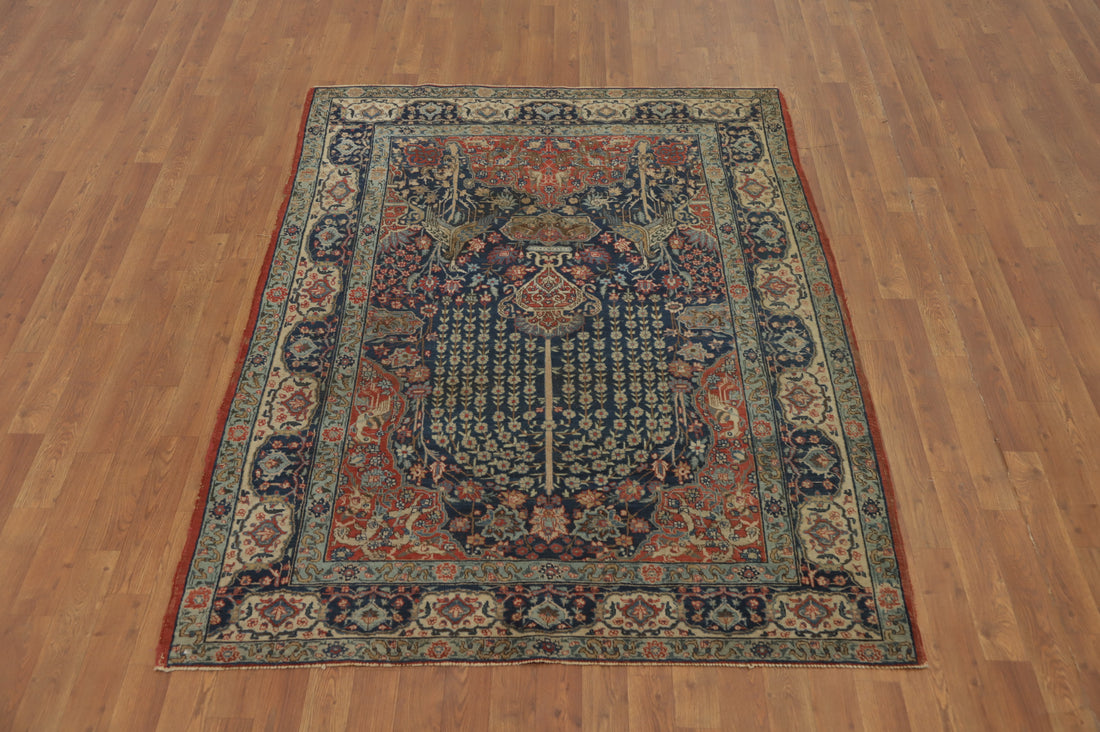 Antique Vegetable Dye Animals Tabriz Persian Rug 5x6