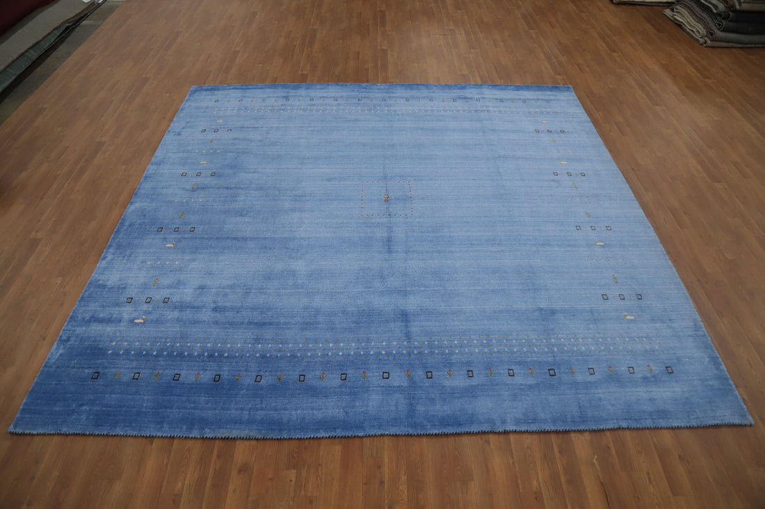 Elegant Blue Gradient Gabbeh Area Rug 10x10 with Subtle Patterns