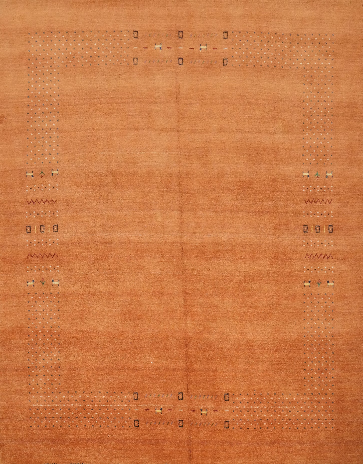 Elegant Terracotta Gabbeh Area Rug 8x8with Subtle Tribal Details and Charm