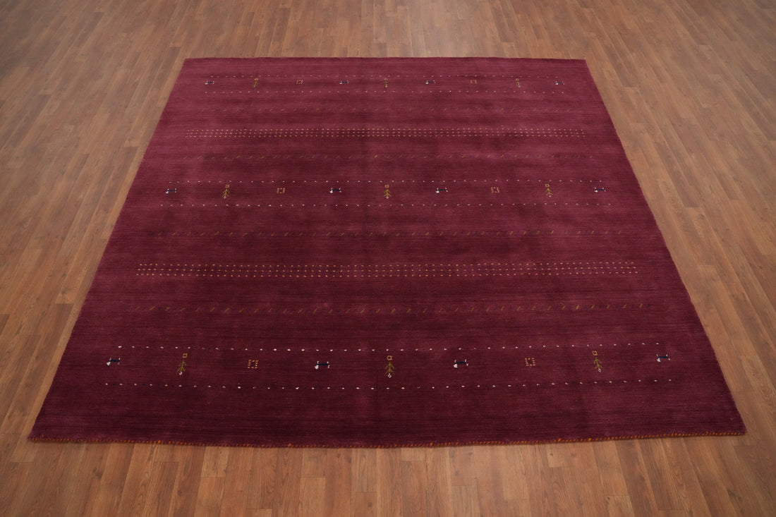 Rich Burgundy Gabbeh Area Rug 8x8 with Subtle Tribal Patterns