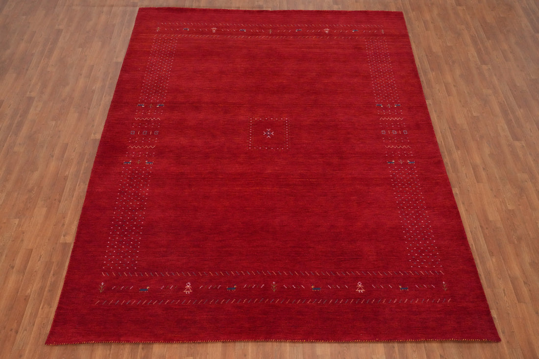 Rich Red Handmade Gabbeh Area Rug 9x12 with Intricate Border Pattern