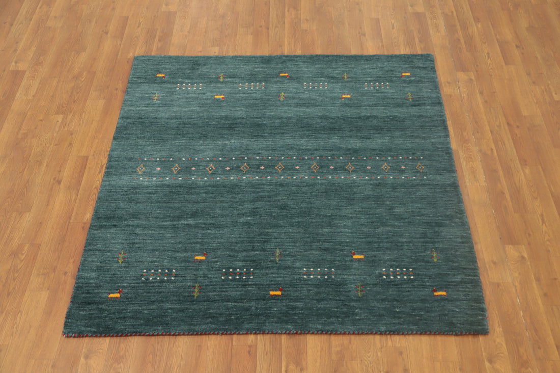Handmade Green Wool Gabbeh Square Rug 5x5