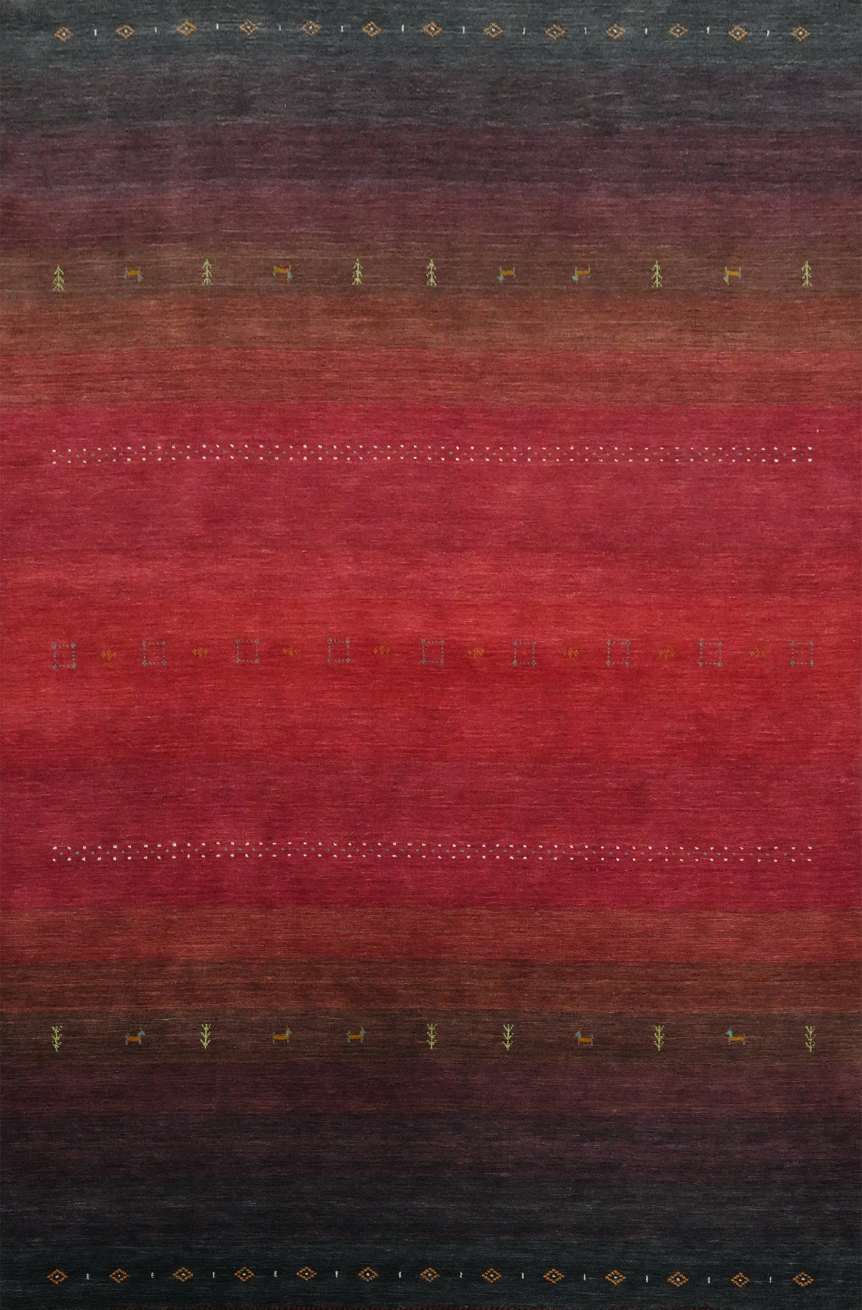 Elegant Gradient Gabbeh Area Rug 8x12 with Rich Red and Black Tones.
