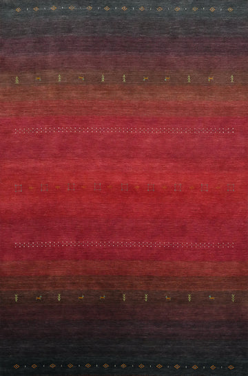 Elegant Gradient Gabbeh Area Rug 8x12 with Rich Red and Black Tones.