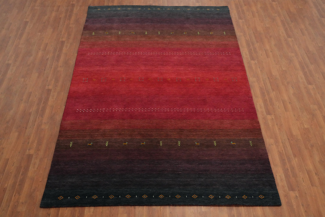 Elegant Gradient Gabbeh Area Rug 8x12 with Rich Red and Black Tones.