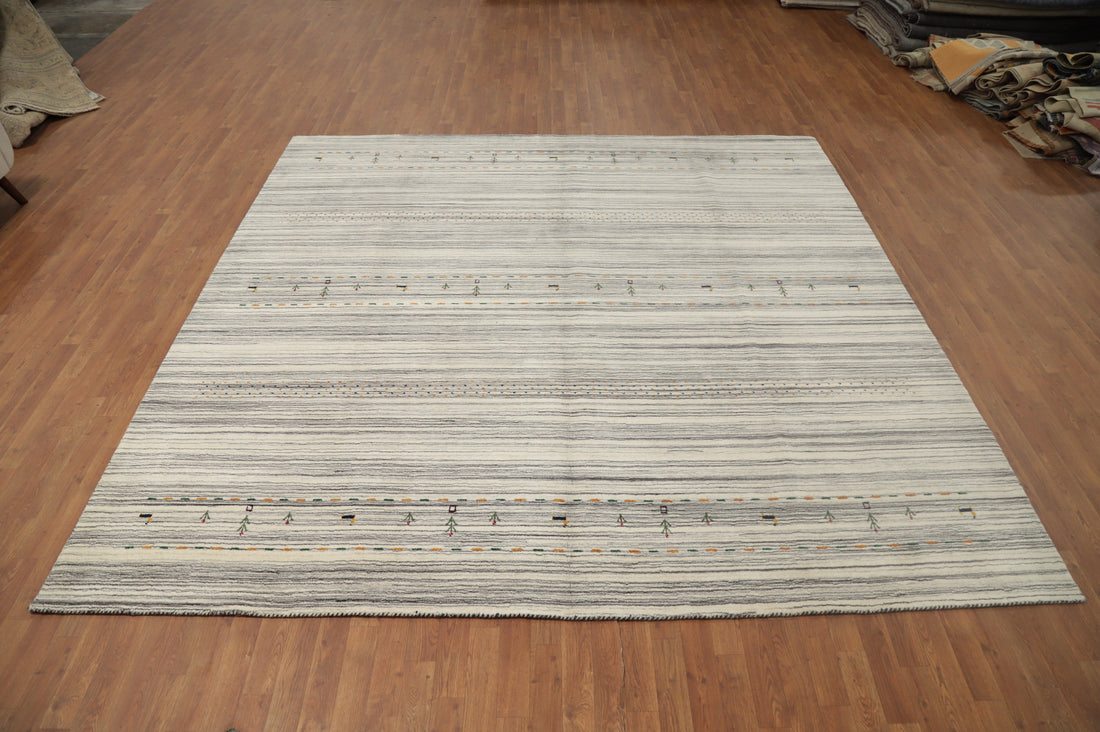 Chic Neutral Toned Gabbeh Square Rug 10x10 with Detailed Tribal Accents