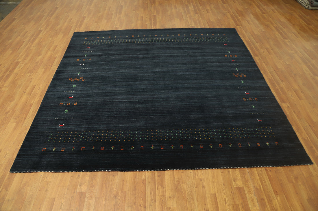 Minimalist Dark Gabbeh Area Rug 9x9 with Detailed Embroidery