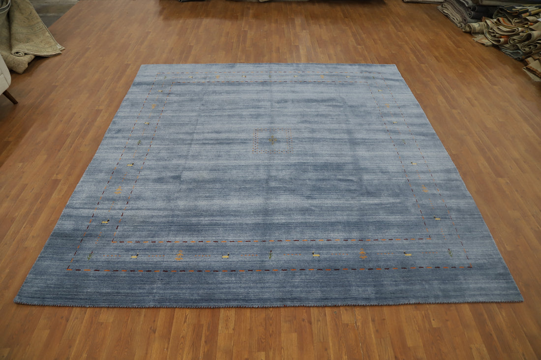 Elegant Soft Blue Handmade Gabbeh Square Area Rug 10x10