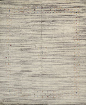 Neutral Toned Gabbeh Area Rug 10x10 with Artistic Linear Design Accents