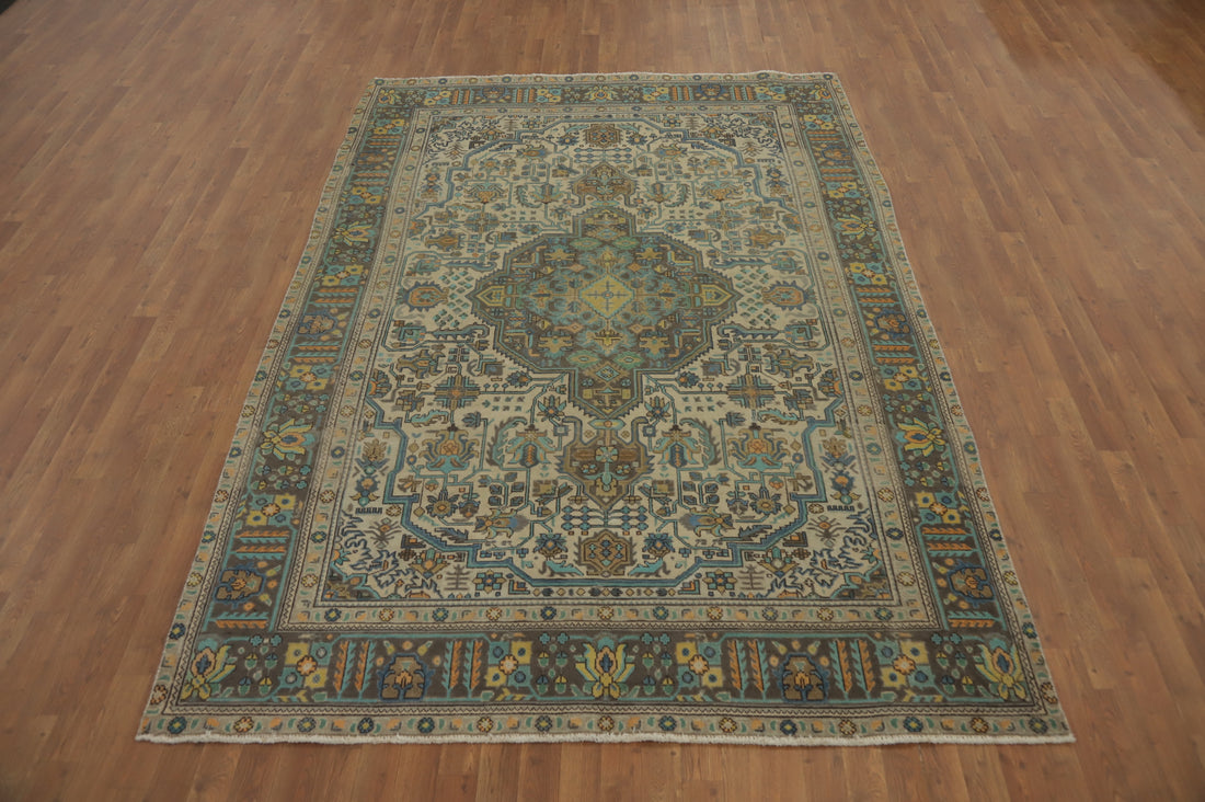 Vintage Wool Geometric Tabriz Persian Area Rug 7x10