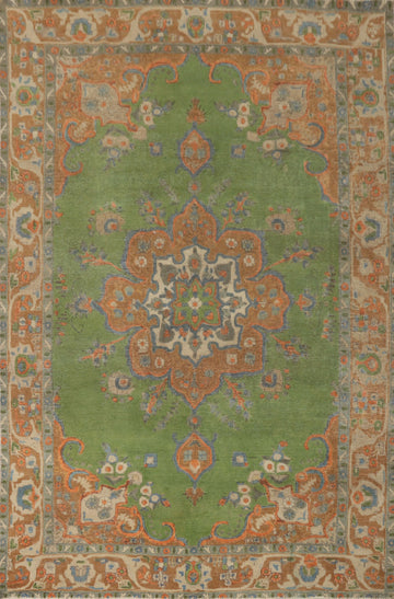Vintage Green Wool Tabriz Persian Area Rug 7x9
