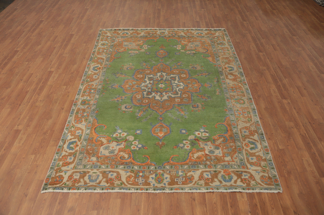 Vintage Green Wool Tabriz Persian Area Rug 7x9