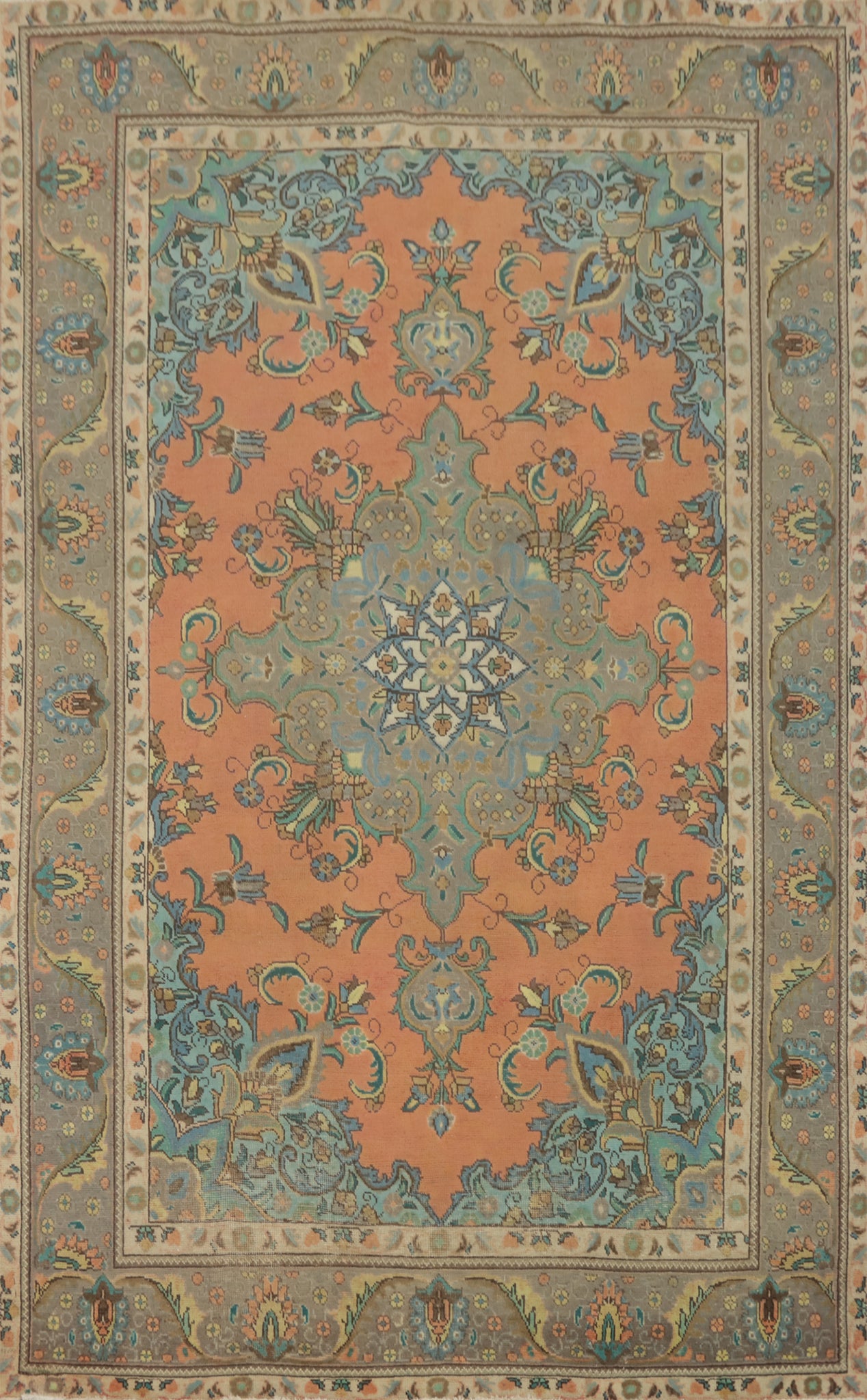 Elegant Coral and Blue Tabriz Persian Area Rug 7x10 with Intricate Design