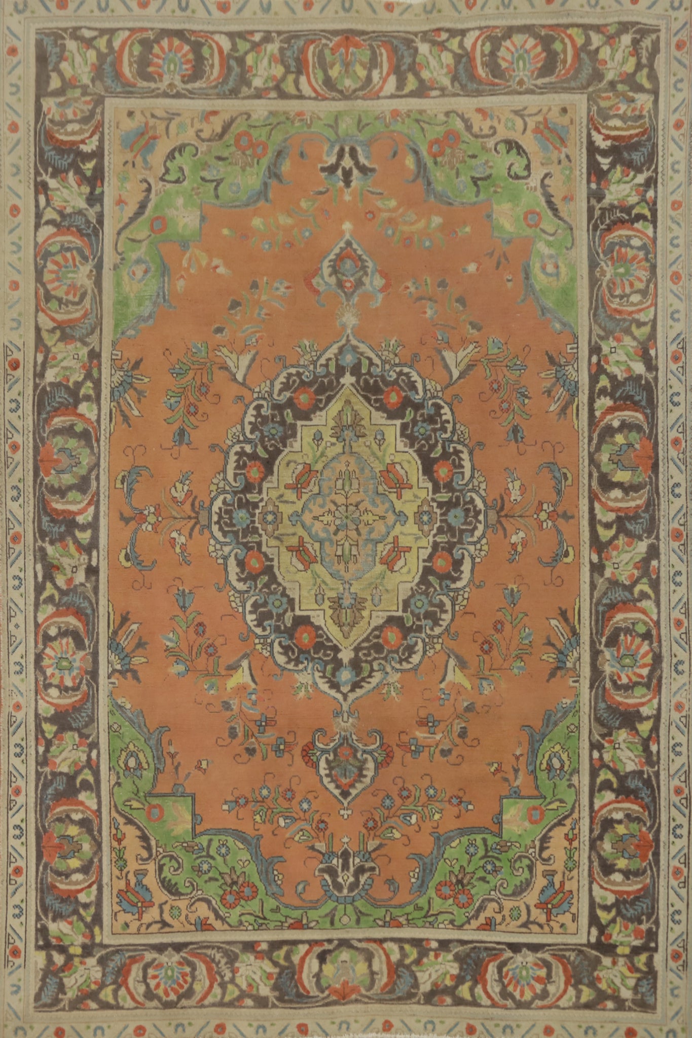 Traditional Orange & Green Tabriz Persian Rug 6x9 with Intricate Medallion