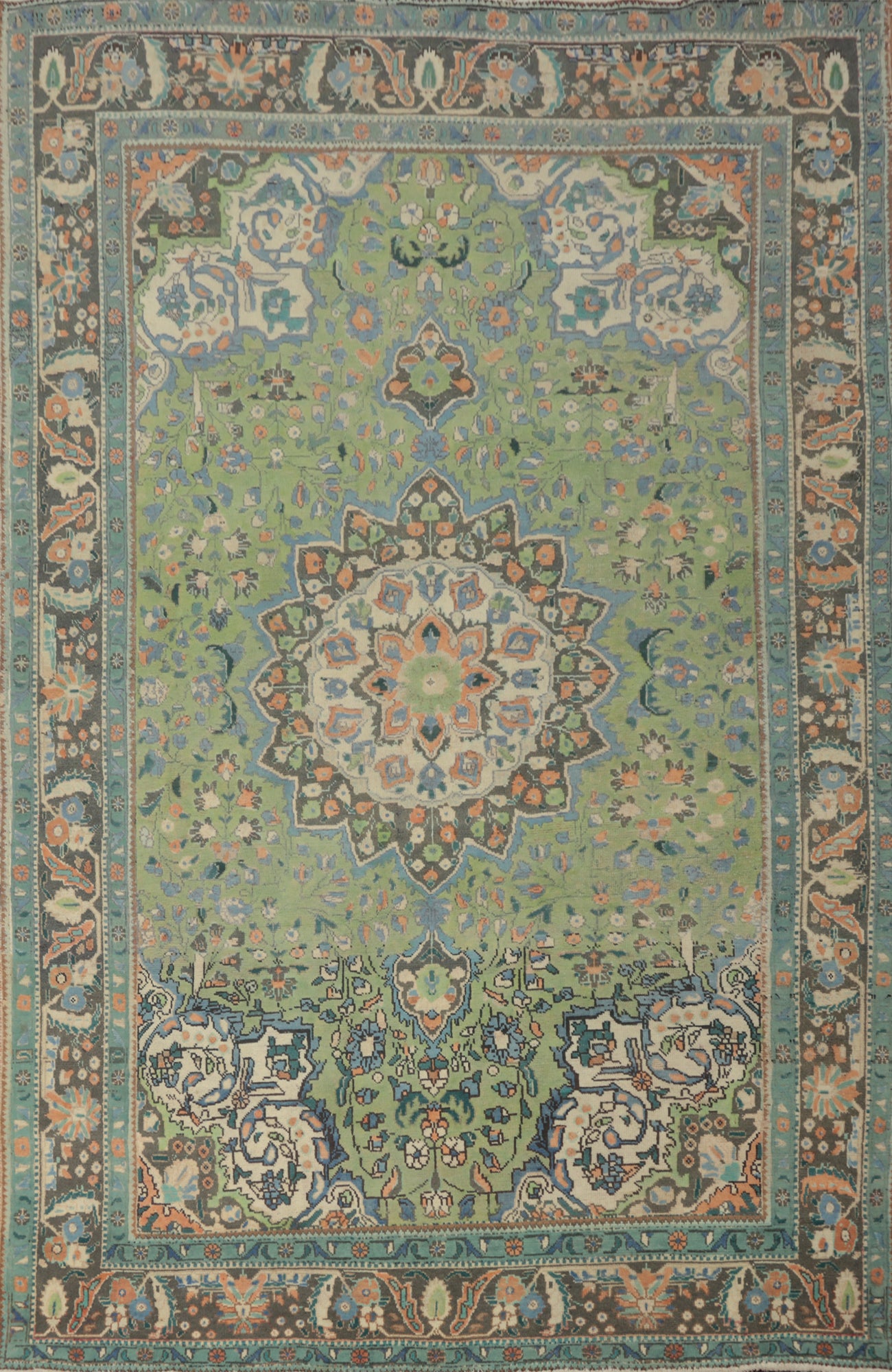 Green Floral Tabriz Persian Area Rug 7x9