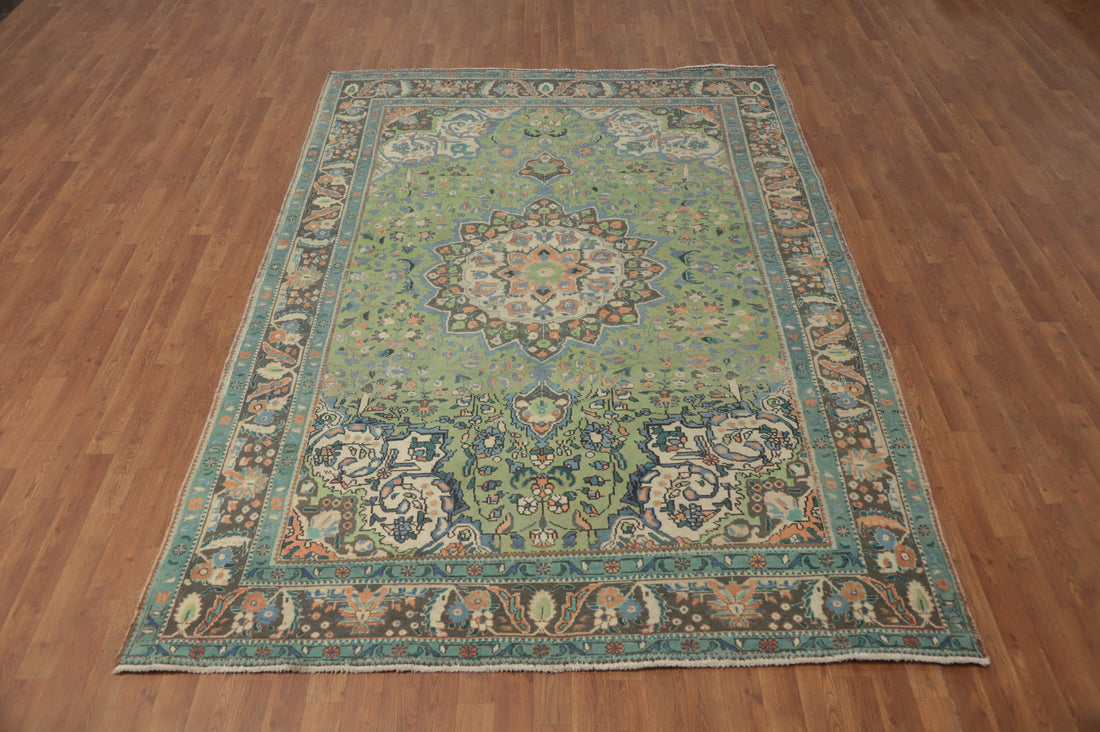 Green Floral Tabriz Persian Area Rug 7x9