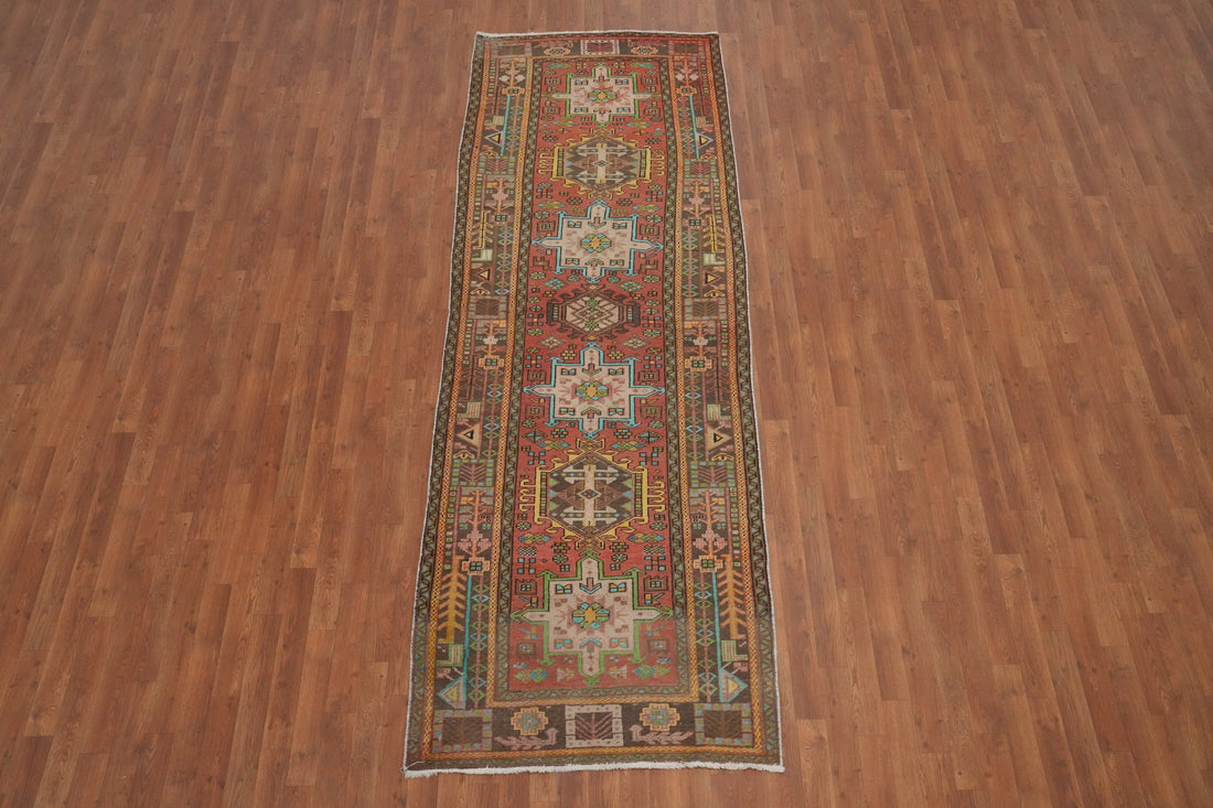 Vintage Geometric Heriz Persian Runner Rug 4x10