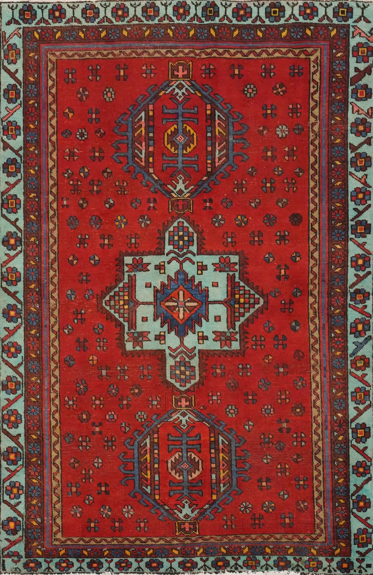 Red Geometric Heriz Persian Rug 4x5