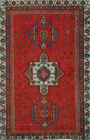 Red Geometric Heriz Persian Rug 4x5