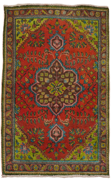 Vibrant Red and Green Vintage Tabriz Persian Rug 3'x5'