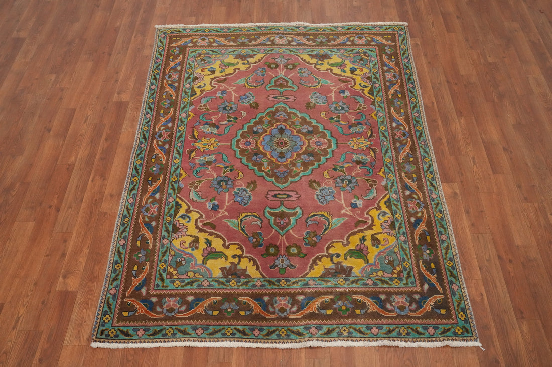 Pink Floral Wool Tabriz Persian Rug 4x6