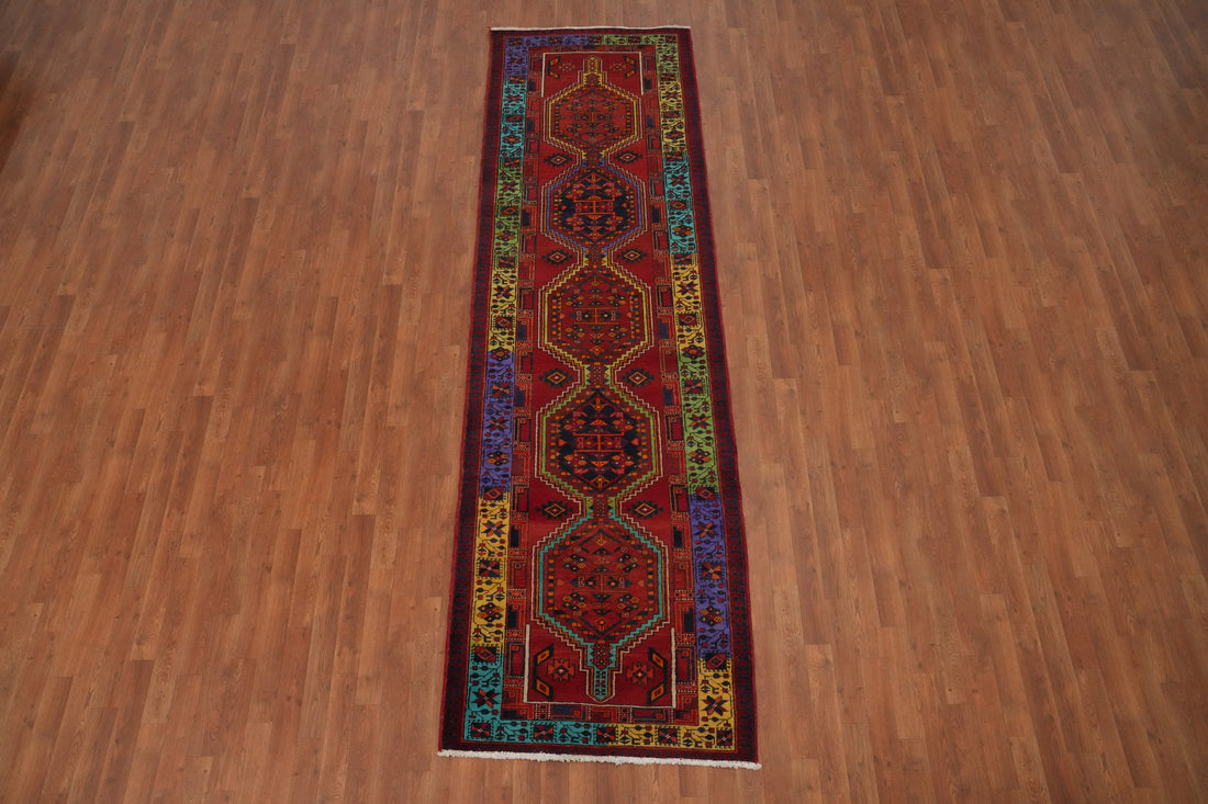 Red Geometric Wool Ardebil Persian Runner Rug 3x11