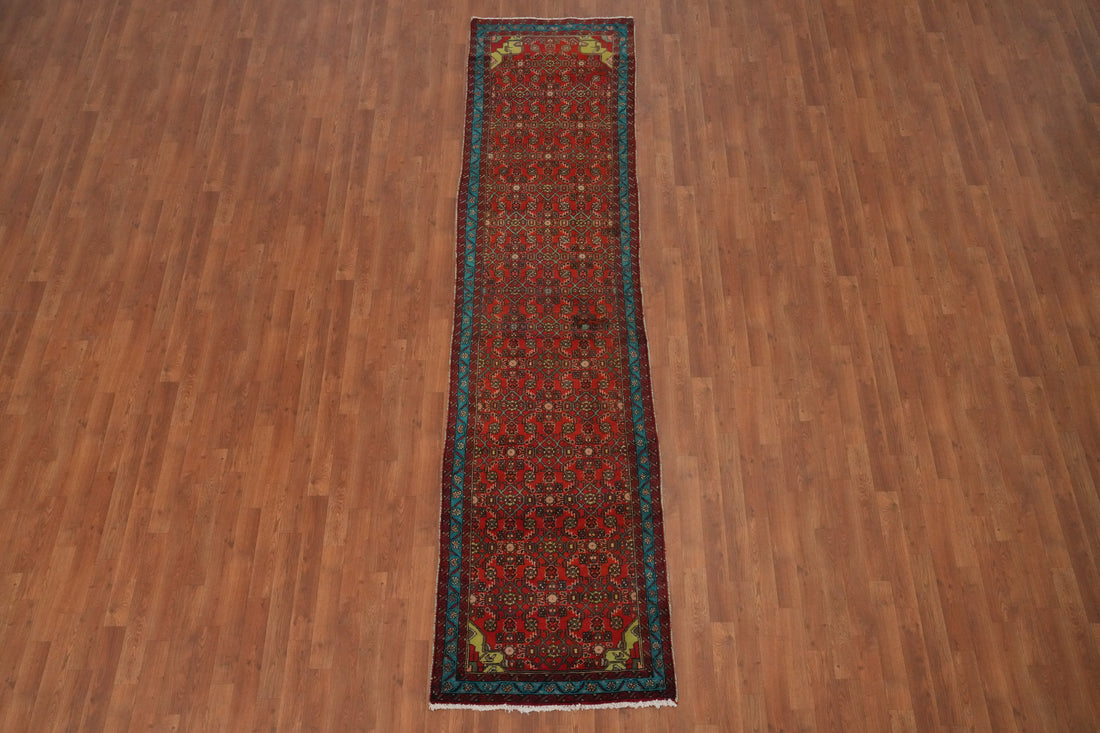Vintage Red Wool Hamedan Persian Runner Rug 3x11