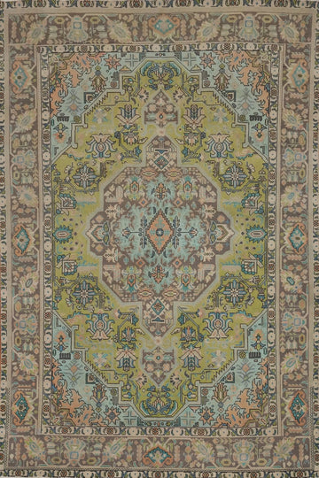 Green Geometric Wool Tabriz Persian Area Rug 6x9
