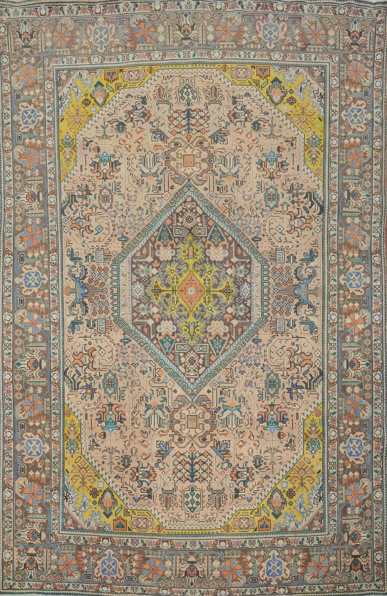 Vintage Geometric Tabriz Persian Area Rug 7x9