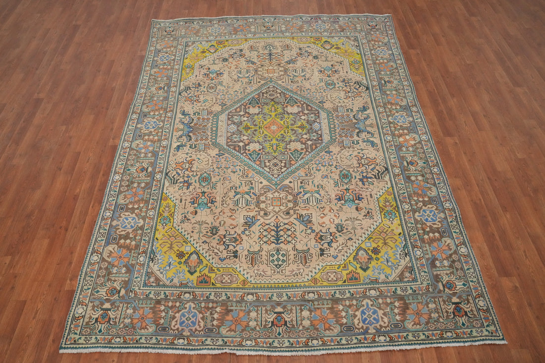 Vintage Geometric Tabriz Persian Area Rug 7x9