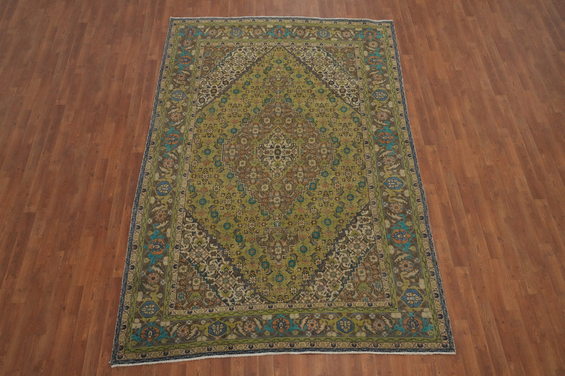 Green Geometric Tabriz Persian Area Rug 7x10