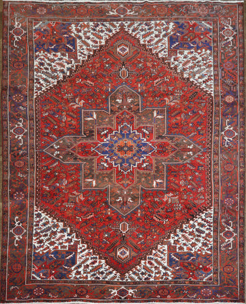 Vegetable Dye Geometric Red and Ivory Heriz Persian Area Rug 10x12