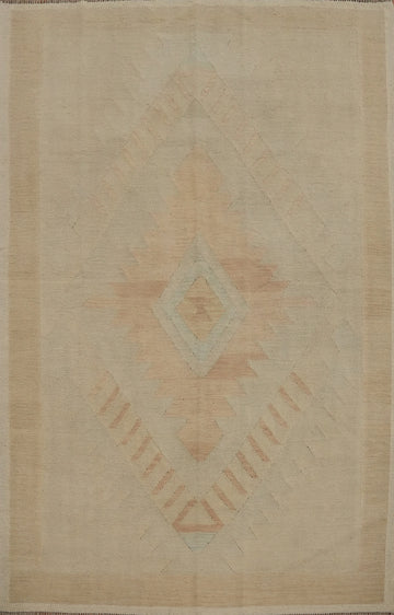 Muted Geometric Pattern Wool Kilim Rug 5x7 for Subtle Elegance